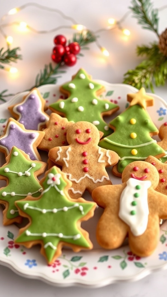 A variety of unique Christmas cookies including lavender, matcha, and gingerbread, displayed on a festive platter.